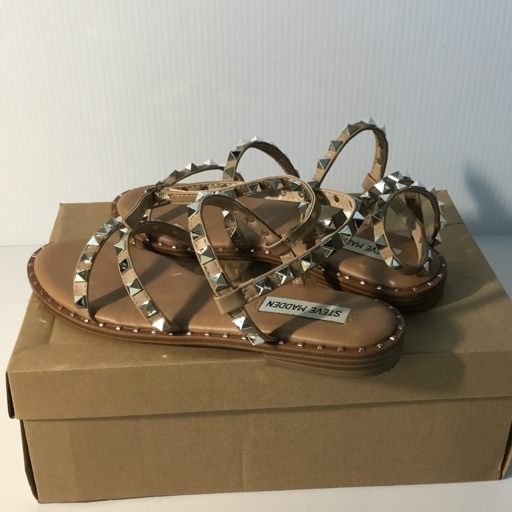 Steve Madden Nude Tan Pyramid-Stud Strappy Sandals